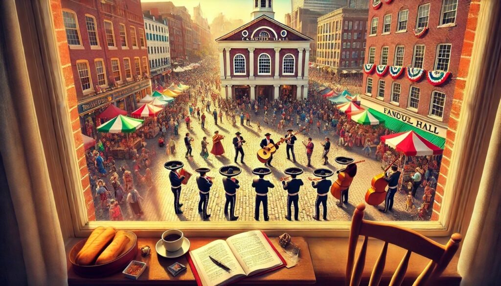 A vibrant, lively view of Faneuil Hall in Boston from a high, seventh-floor perspective, looking down at the bustling crowds. A mariachi band is playing.