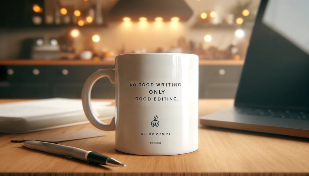 A-visually-engaging-WordPress-blog-featured-image-of-a-white-coffee-mug-sitting-on-a-wooden-counter.-The-mug-has-the-text-No-Good-Writing.