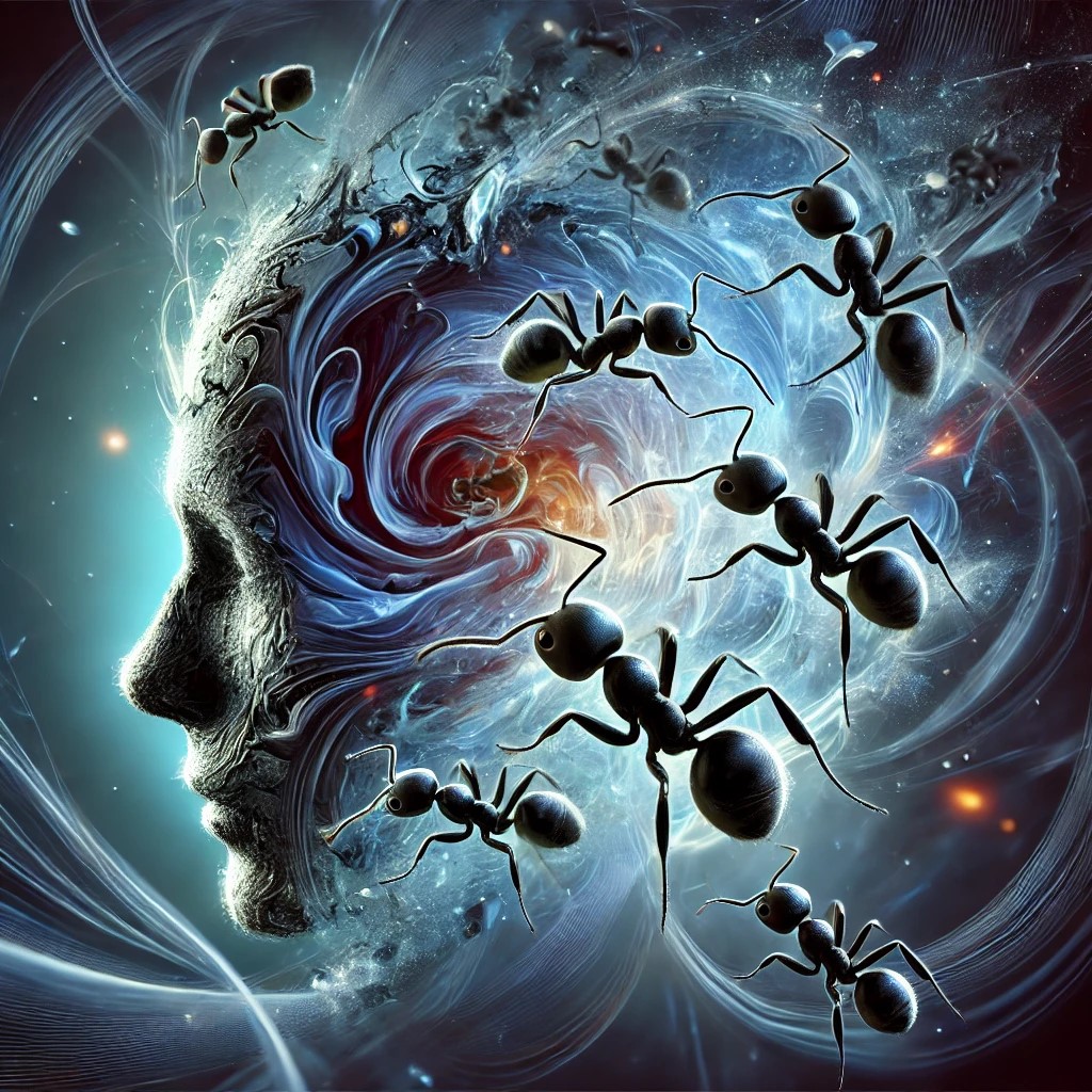 An-abstract-and-surreal-representation-of-self-doubt-and-negative-thoughts-ANTs.-The-image-features-ants-morphing-into-dark-swirling-shapes