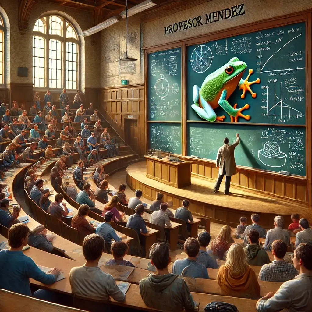 A realistic and detailed illustration of a large college lecture hall, showing Professor Mendez standing at a chalkboard drawing a frog jumping out of