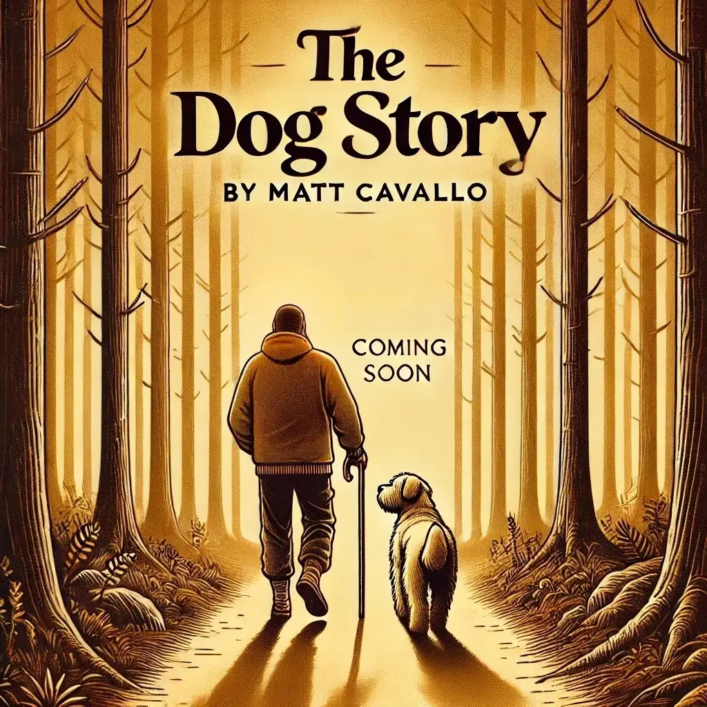 An illustrated book cover of Matt and his dog walking in the woods.