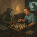 Matt Cavallo and MF DOOM playing chess with Godzilla on in the background